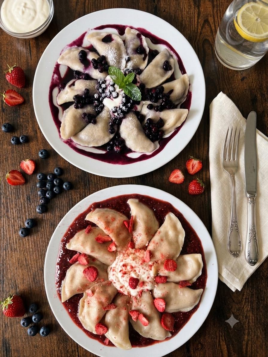 Twee borden zoete pierogi met bosvruchten en room